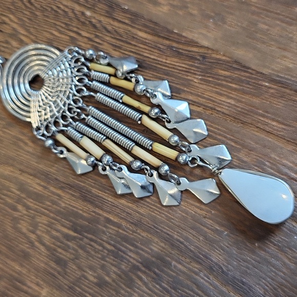 Peruvian Bamboo Tube Bead & Silver Tone Metal Work Jasper Stone Pendant Necklace - Picture 4 of 12